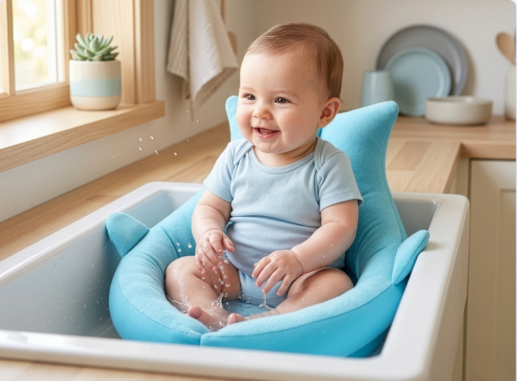 Happy baby in bath seat